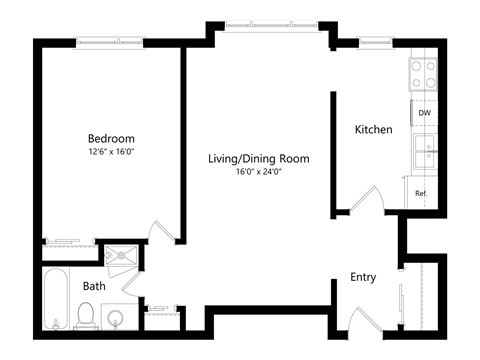 Floor plan for 1 bed, 1 bath, 832 sqft